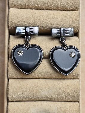 Marc Jacobs Gunmetal Bow And Heart Drop Earrings With Swarovski Crystal Accents